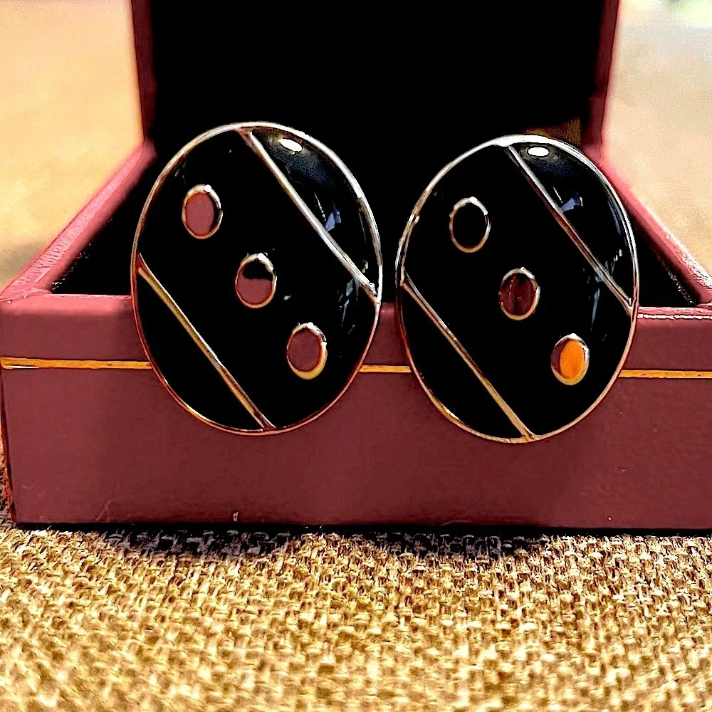 Black Oval Enamel Cufflinks w “Dot” Pattern Silver & Black! Stocking Stuffer!
